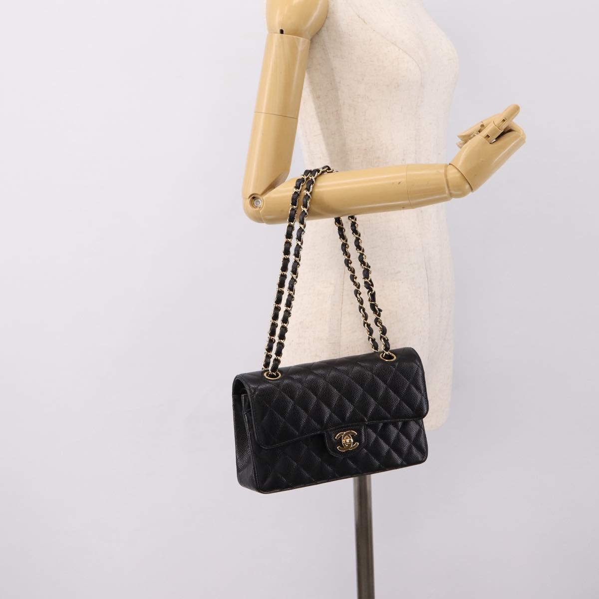 CHANEL Matelasse 23 Double Flap Chain Bag Caviar Skin Black Gold Auth yk20831SM
