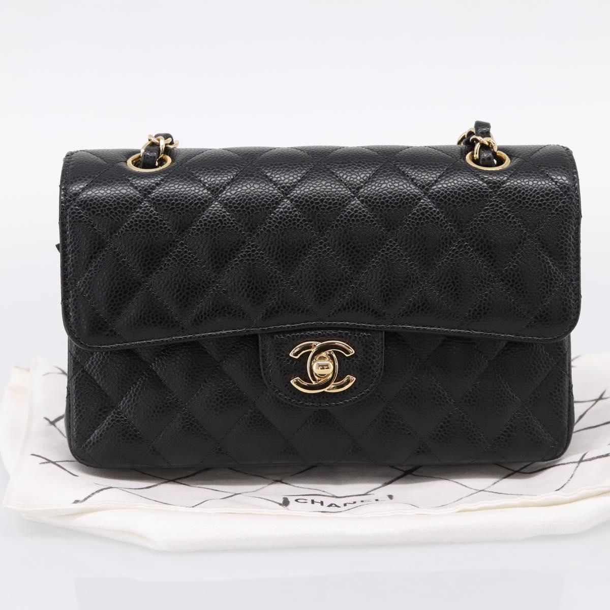 CHANEL Matelasse 23 Double Flap Chain Bag Caviar Skin Black Gold Auth yk20831SM