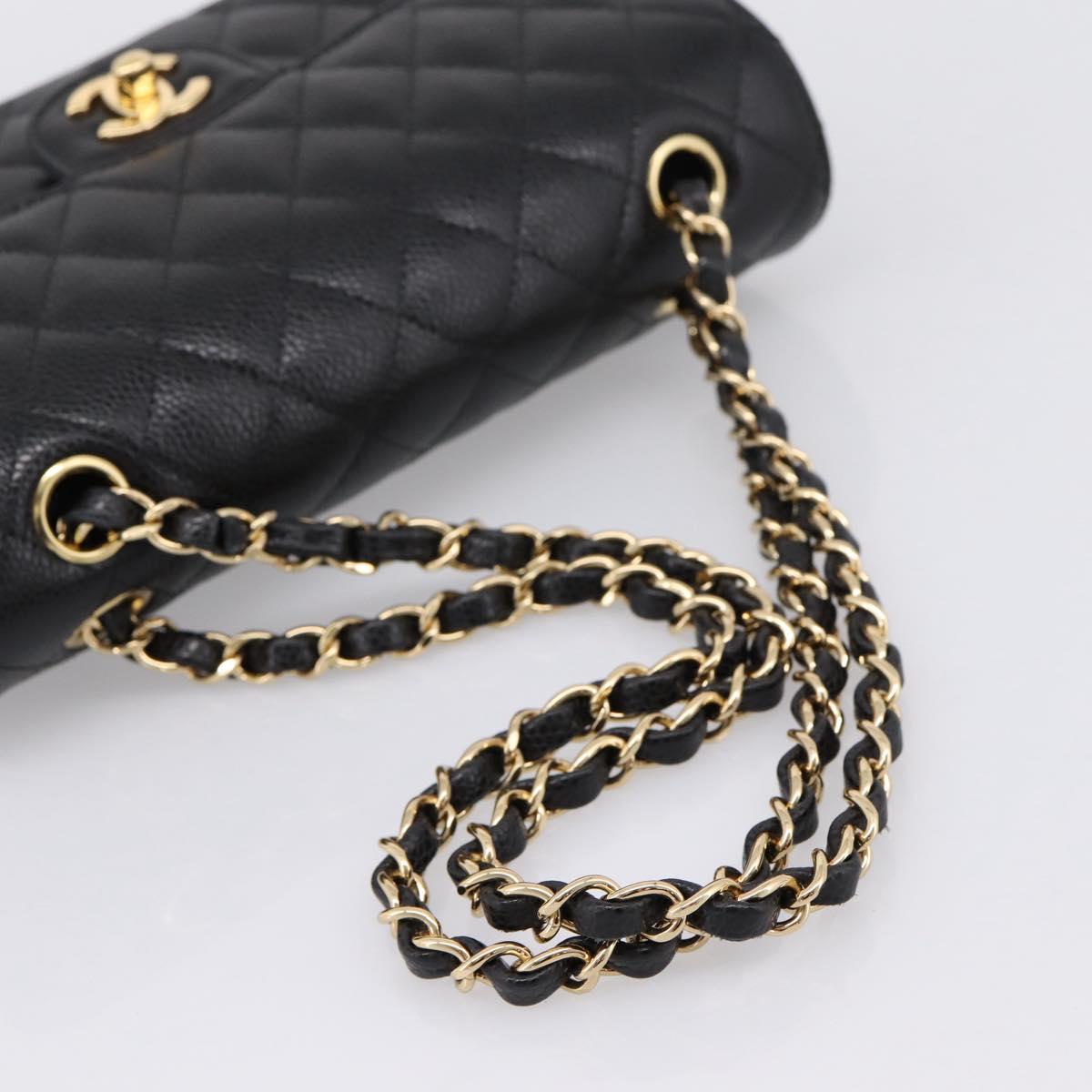 CHANEL Matelasse 23 Double Flap Chain Bag Caviar Skin Black Gold Auth yk20831SM