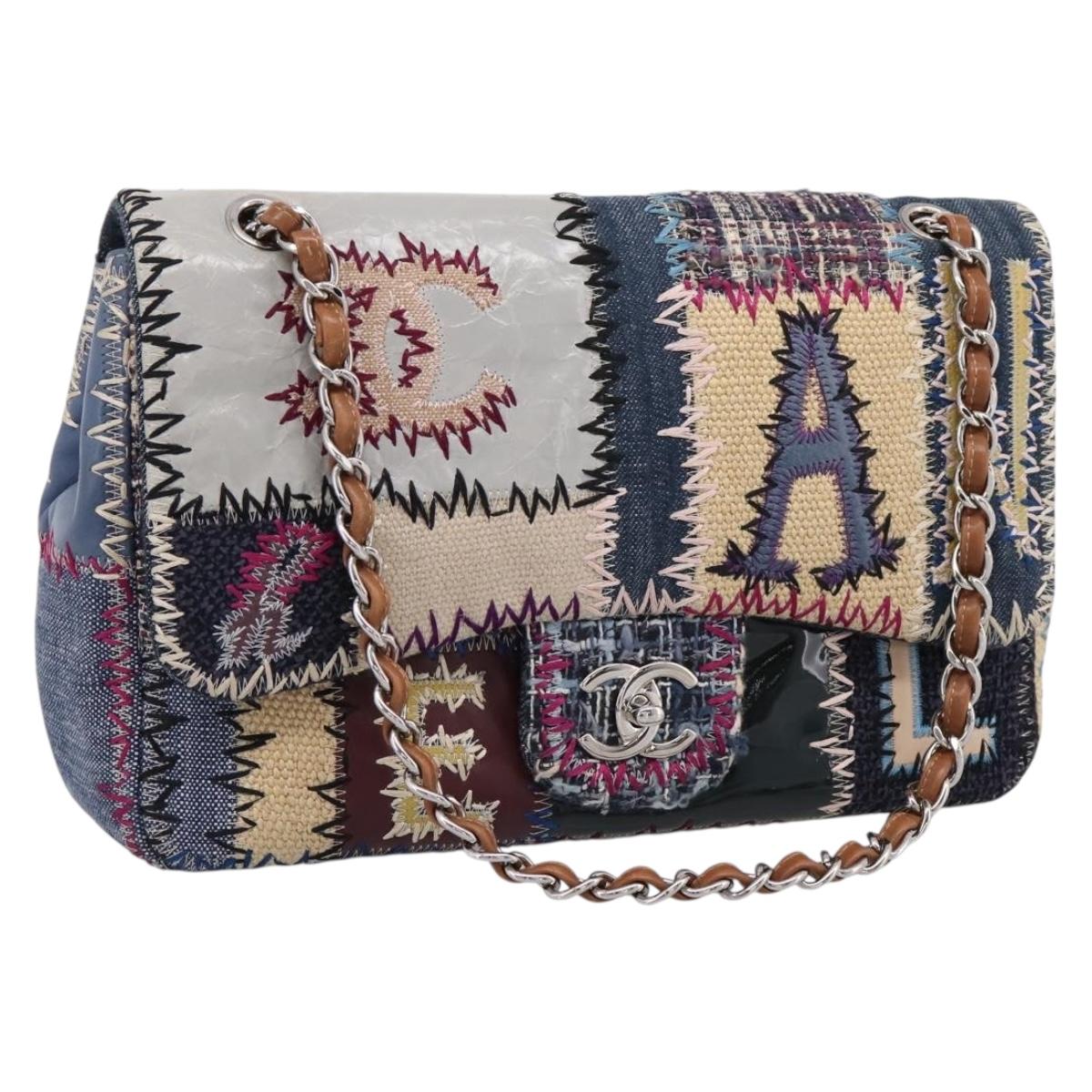 CHANEL Patchwork Jumbo Flap 30 Chain Shoulder Bag Tweed Silver CC Auth yk20832SM