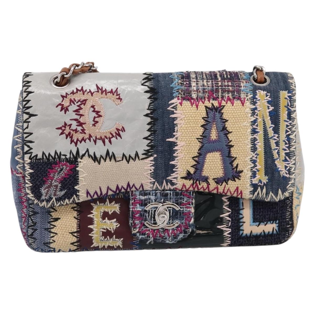 CHANEL Patchwork Jumbo Flap 30 Chain Shoulder Bag Tweed Silver CC Auth yk20832SM