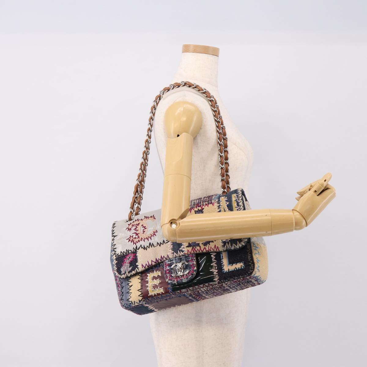 CHANEL Patchwork Jumbo Flap 30 Chain Shoulder Bag Tweed Silver CC Auth yk20832SM