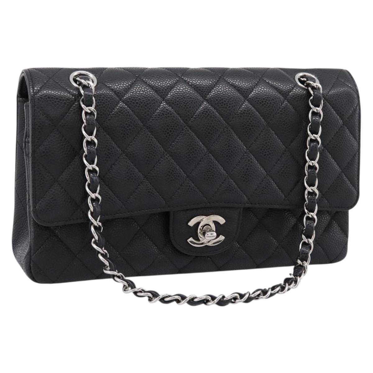 CHANEL Double Flap Chain Matelasse 23 Bag Caviar Skin Black Auth yk20833SM