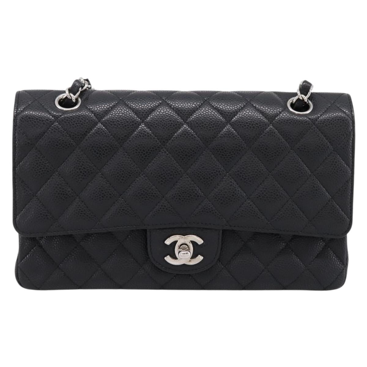 CHANEL Double Flap Chain Matelasse 23 Bag Caviar Skin Black Auth yk20833SM