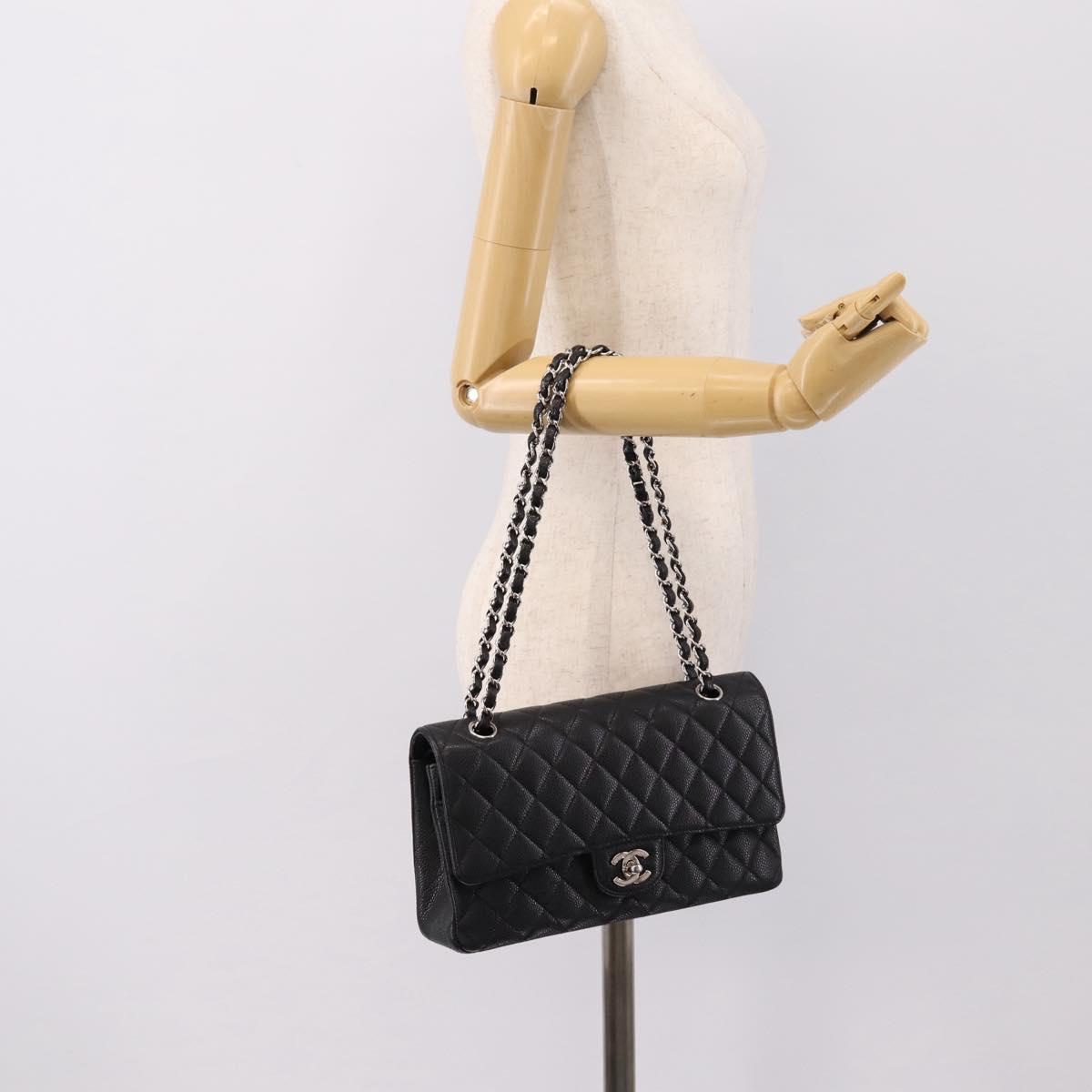 CHANEL Double Flap Chain Matelasse 23 Bag Caviar Skin Black Auth yk20833SM