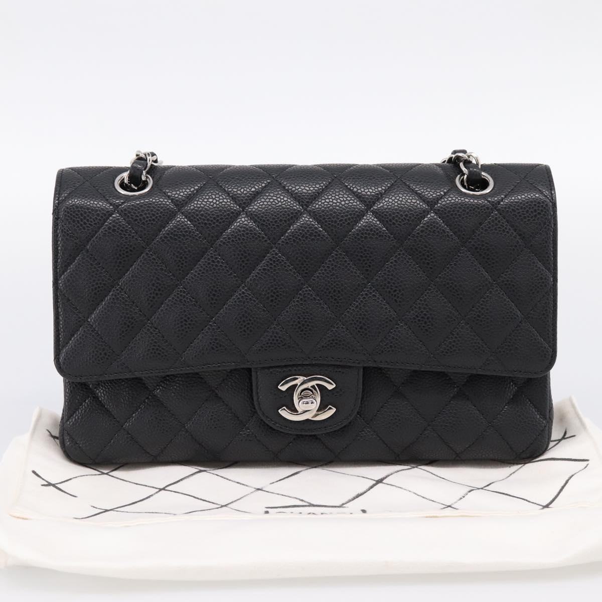 CHANEL Double Flap Chain Matelasse 23 Bag Caviar Skin Black Auth yk20833SM