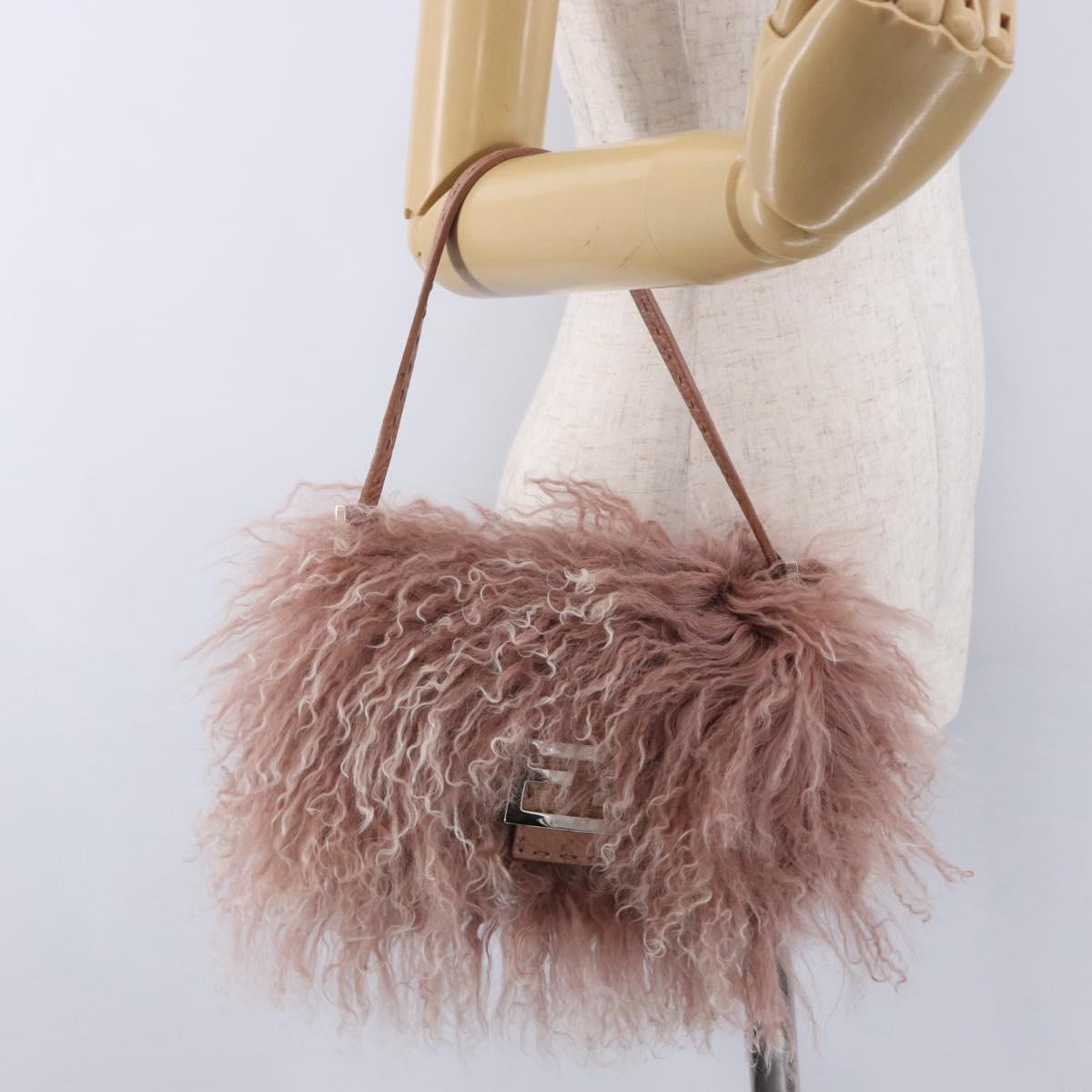 FENDI Selleria Mini Mamma Baguette Bag Wool Pink Silver 8BR185 Auth yk20834SAM