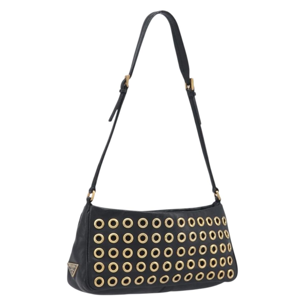 PRADA Punching Chain Shoulder Bag Leather Black Gold Auth yk20839V