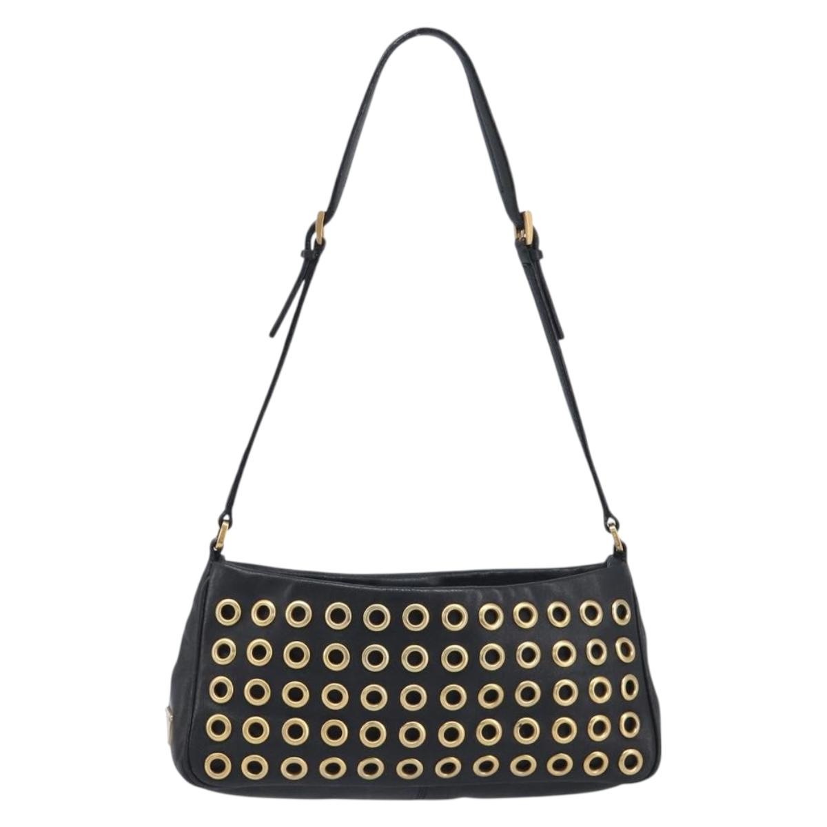 PRADA Punching Chain Shoulder Bag Leather Black Gold Auth yk20839V