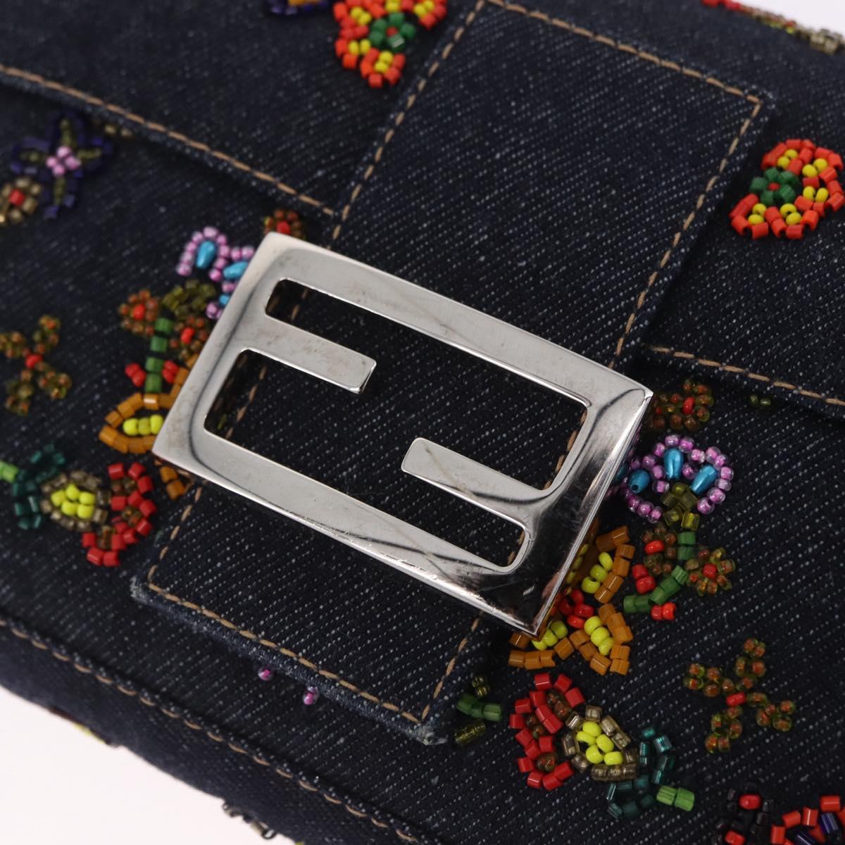 FENDI Mamma Baguette Shoulder Bag Denim Beads Multicolor Silver Auth yk20851SM
