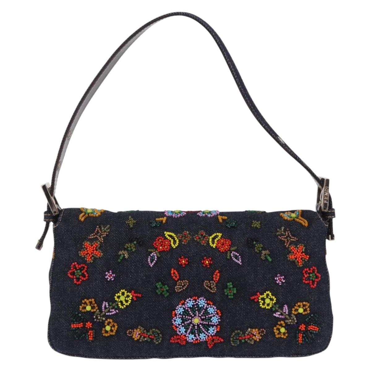 FENDI Mamma Baguette Shoulder Bag Denim Beads Multicolor Silver Auth yk20851SM