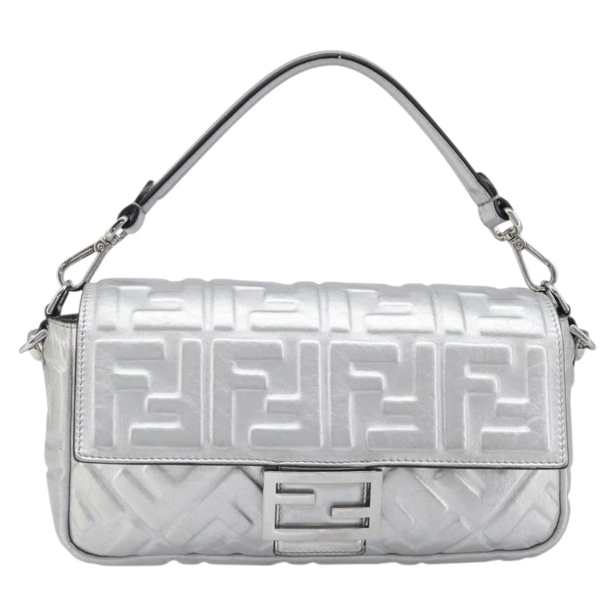 FENDI Zucca Mamma Baguette Shoulder Bag Leather Silver 8BR600 Auth yk20852SAM
