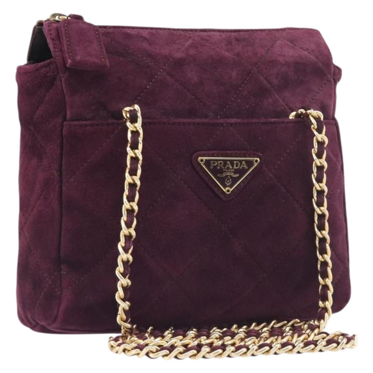 PRADA Quilted Chain Shoulder Bag Suede Bordeaux Gold Auth yk20855A