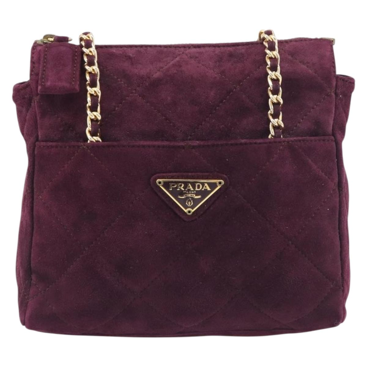 PRADA Quilted Chain Shoulder Bag Suede Bordeaux Gold Auth yk20855A
