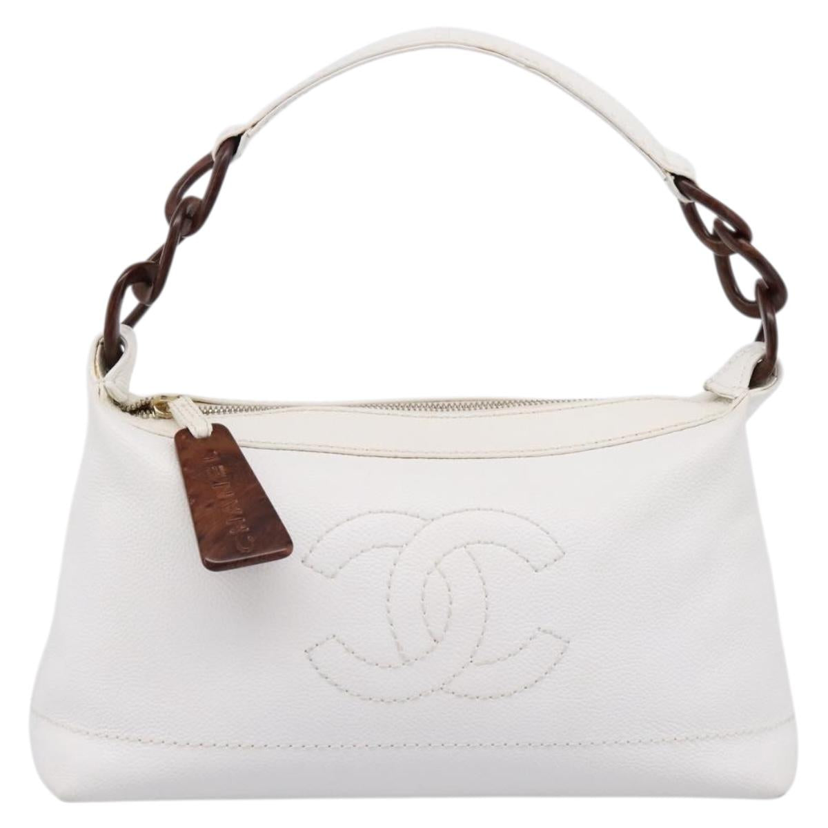 CHANEL COCO Mark Chain Shoulder Bag Caviar Skin White Gold CC Auth yk20859V