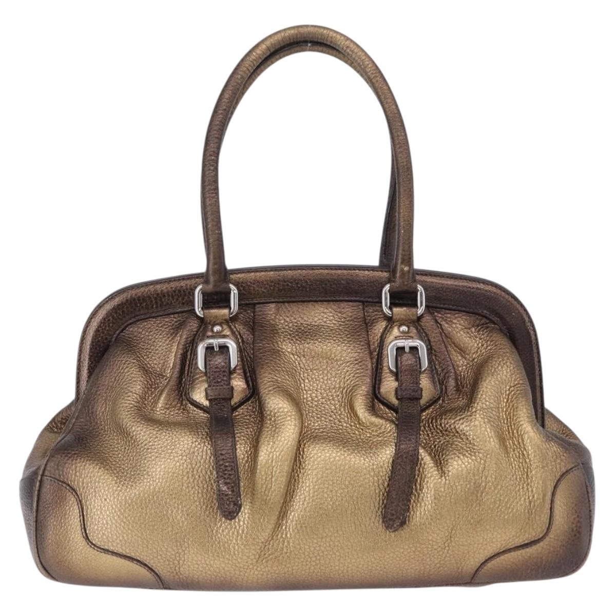 PRADA Hand Bag Leather Gold Tone Auth yk20860V