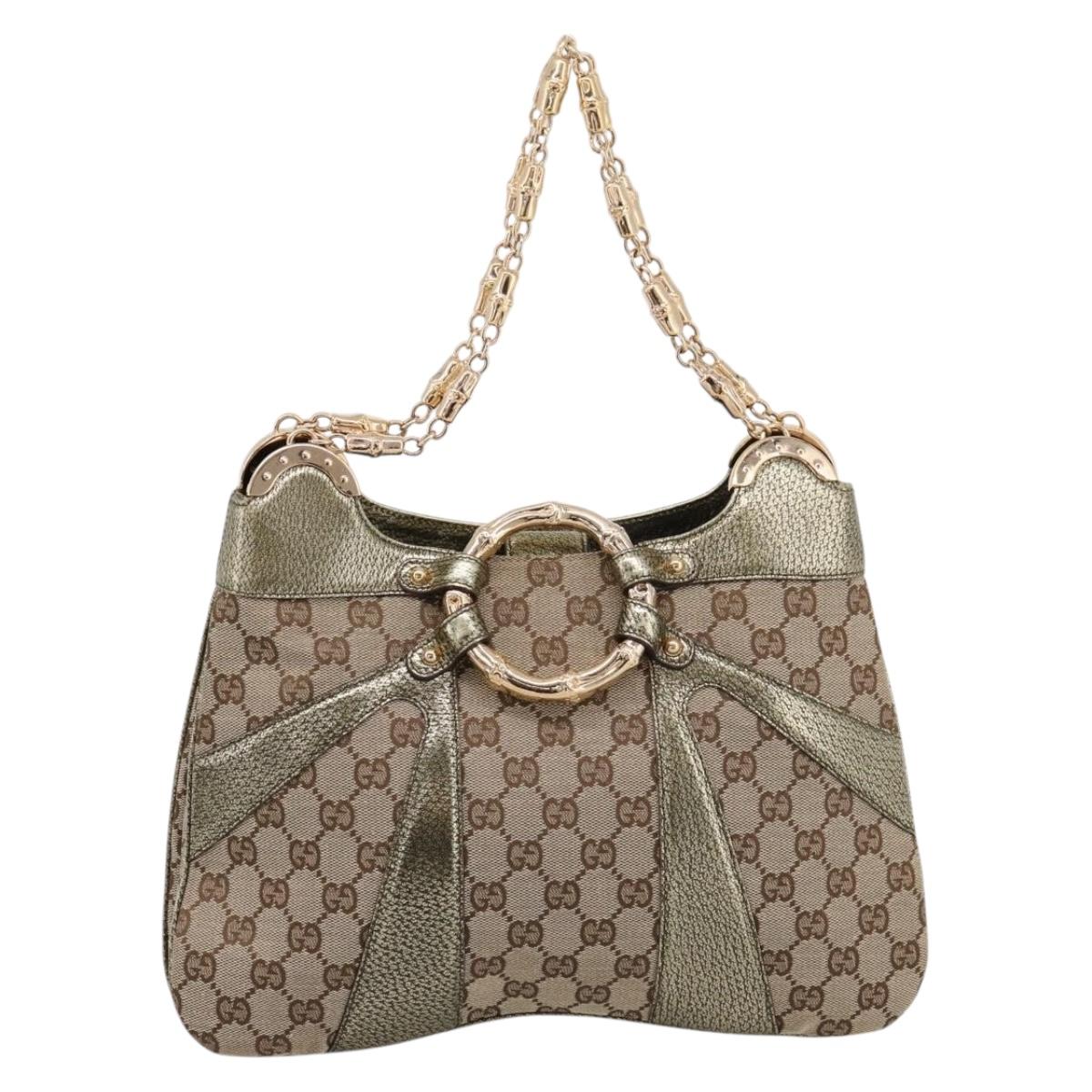 GUCCI GG Canvas Bamboo Chain Shoulder Bag Beige Gold Tone 135962 Auth yk20863SAM