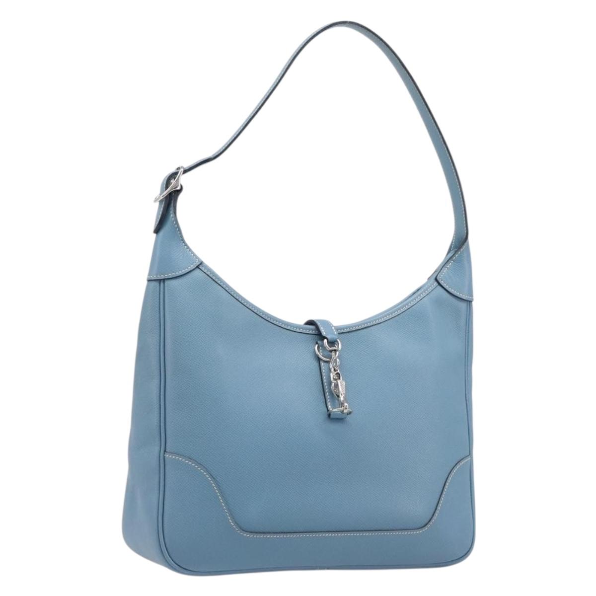 HERMES Epsom Trim 31 Shoulder Bag Leather Blue Silver Auth yk20897M