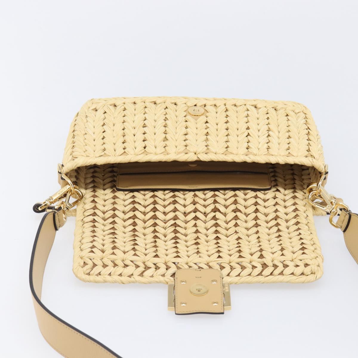 FENDI Mamma Baguette Shoulder Bag Raffia 2way Beige Gold Auth yk20905SAM