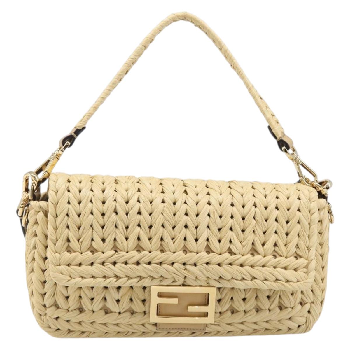 FENDI Mamma Baguette Shoulder Bag Raffia 2way Beige Gold Auth yk20905SAM