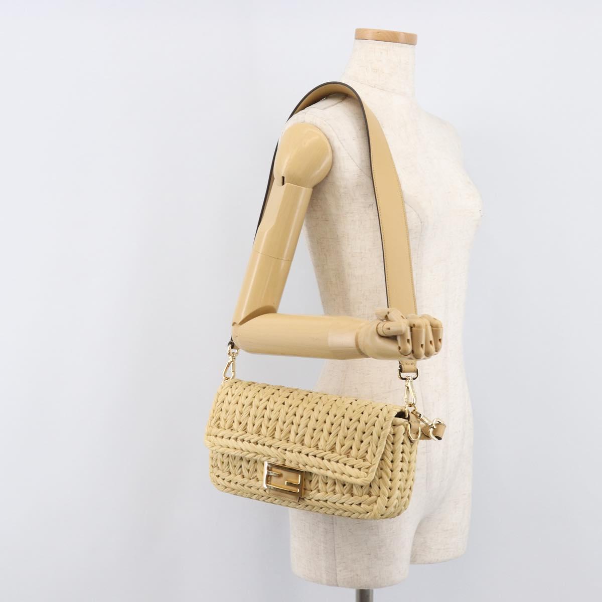 FENDI Mamma Baguette Shoulder Bag Raffia 2way Beige Gold Auth yk20905SAM