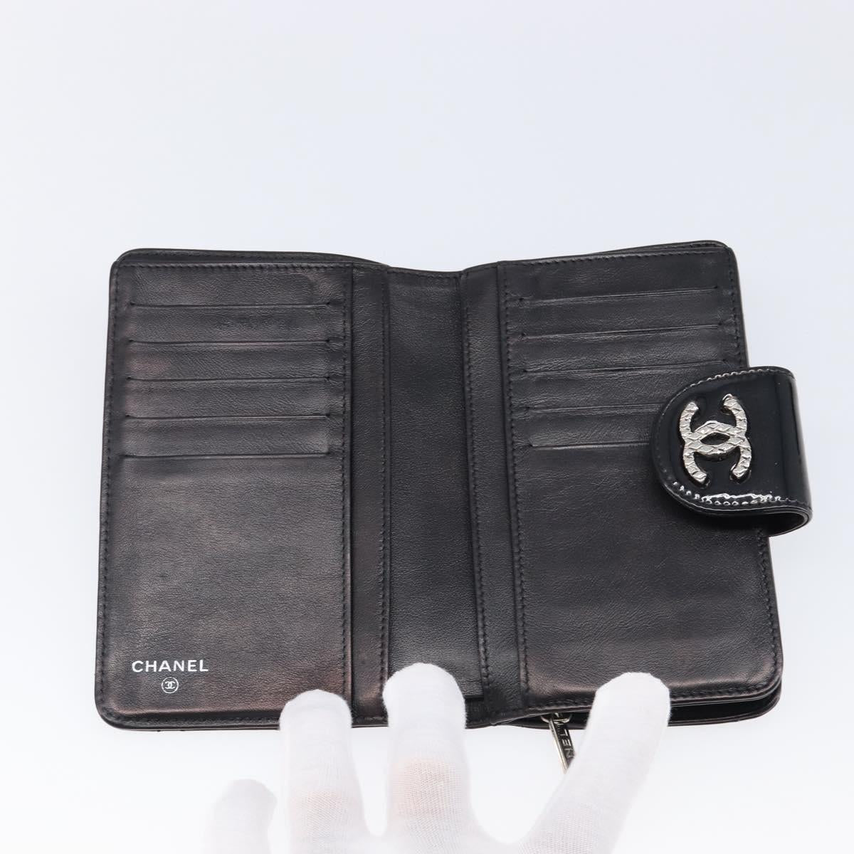 CHANEL Matelasse Wallet Patent Leather Black Silver CC Auth yk20916A