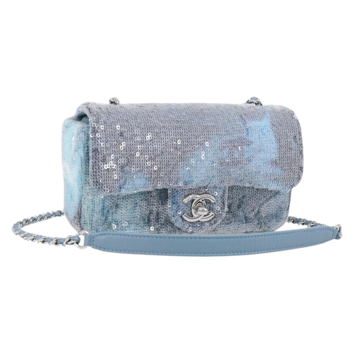 CHANEL Mini Matelasse Chain Shoulder Bag Sequin Blue Silver CC Auth yk20926M