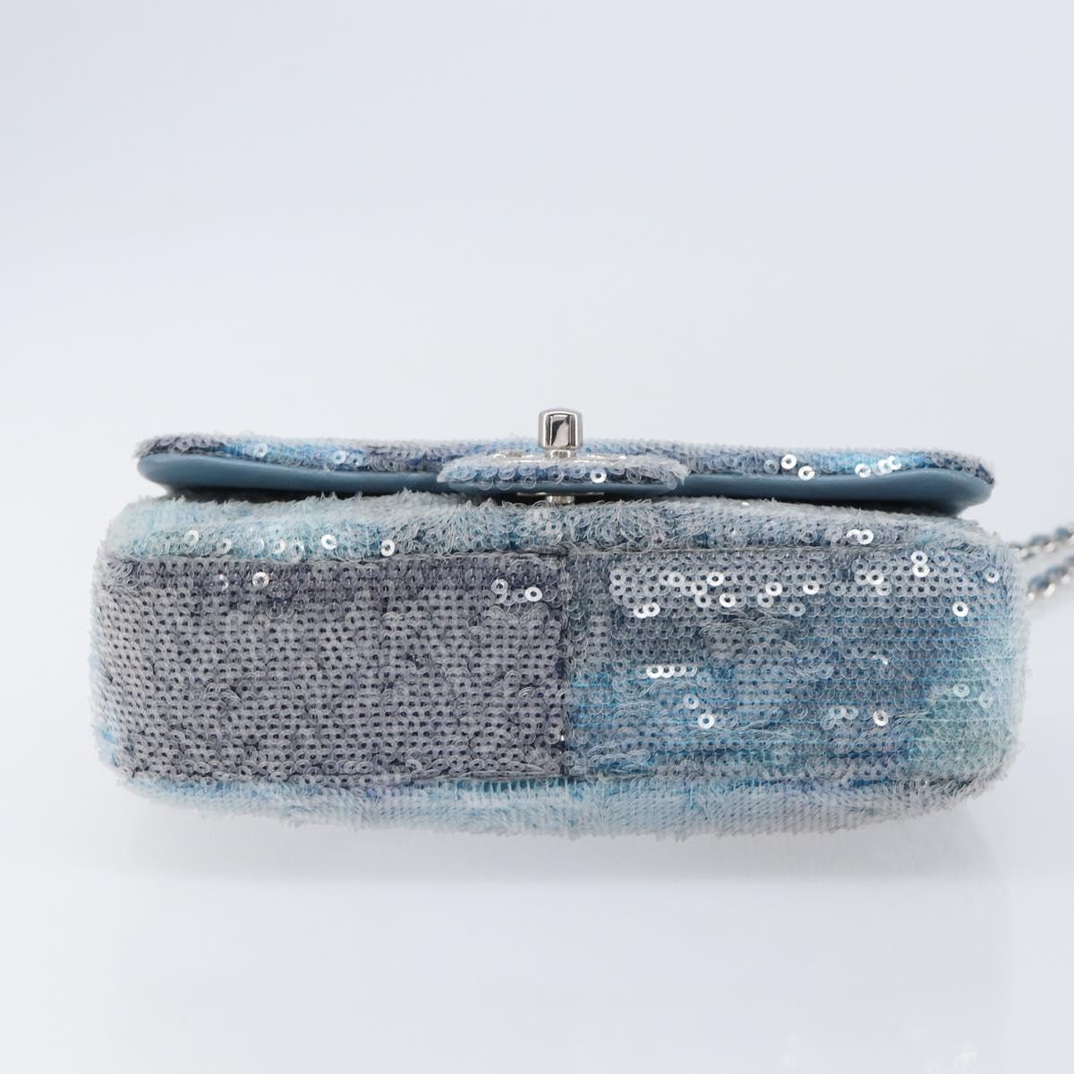 CHANEL Mini Matelasse Chain Shoulder Bag Sequin Blue Silver CC Auth yk20926M