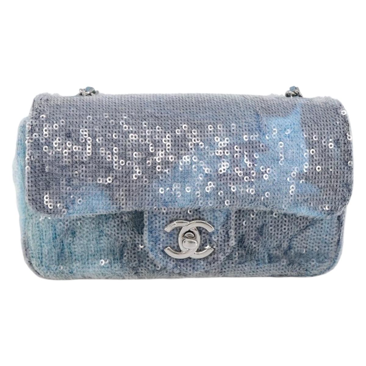 CHANEL Mini Matelasse Chain Shoulder Bag Sequin Blue Silver CC Auth yk20926M
