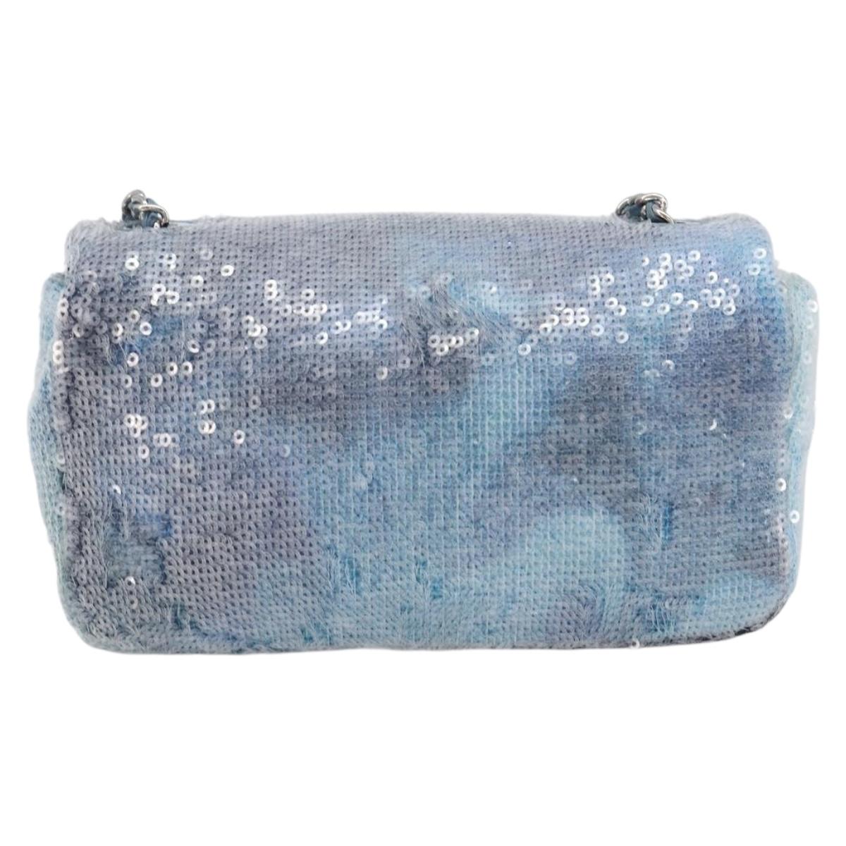 CHANEL Mini Matelasse Chain Shoulder Bag Sequin Blue Silver CC Auth yk20926M