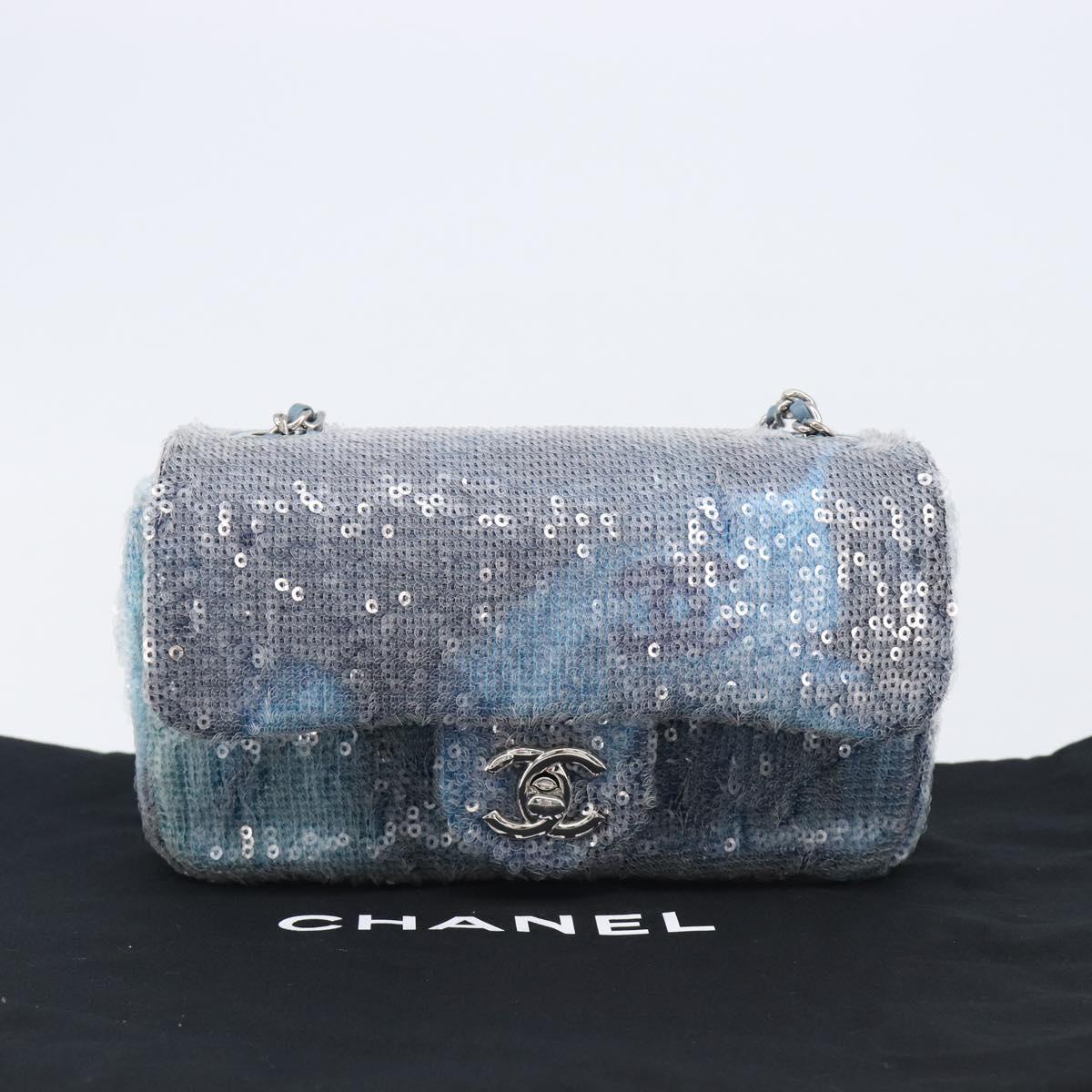 CHANEL Mini Matelasse Chain Shoulder Bag Sequin Blue Silver CC Auth yk20926M