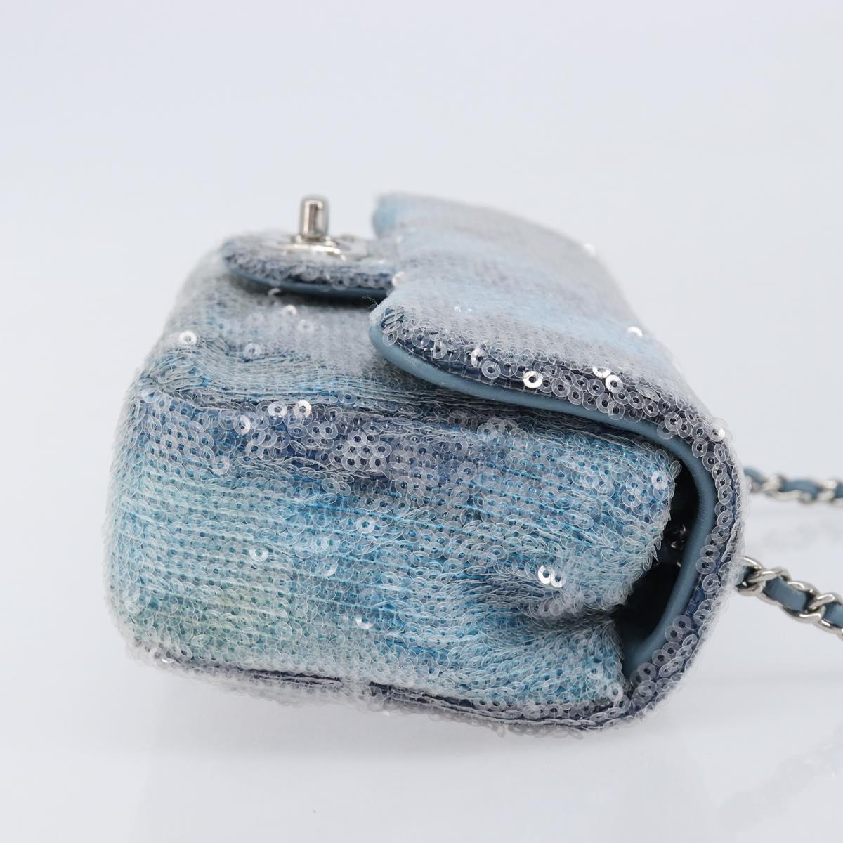 CHANEL Mini Matelasse Chain Shoulder Bag Sequin Blue Silver CC Auth yk20926M