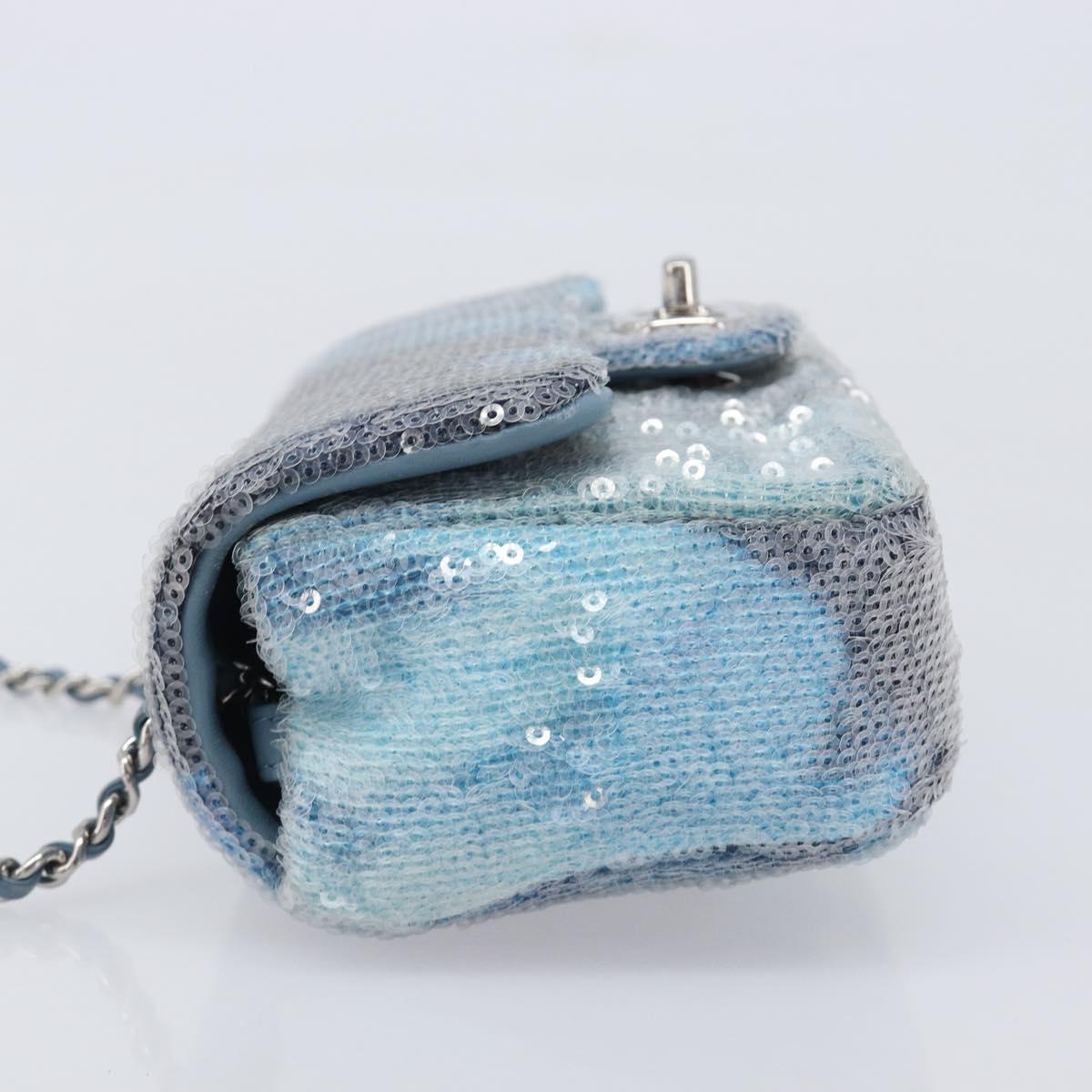CHANEL Mini Matelasse Chain Shoulder Bag Sequin Blue Silver CC Auth yk20926M