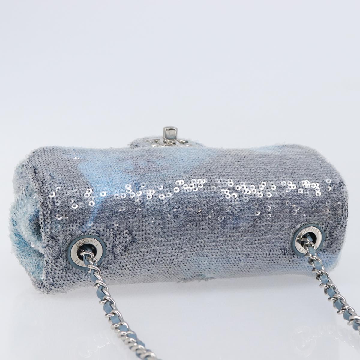 CHANEL Mini Matelasse Chain Shoulder Bag Sequin Blue Silver CC Auth yk20926M