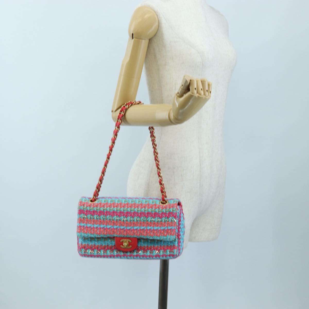 CHANEL Matelasse 25 Chain Hand Bag Tweed Pink Light Blue CC Auth yk20942SM