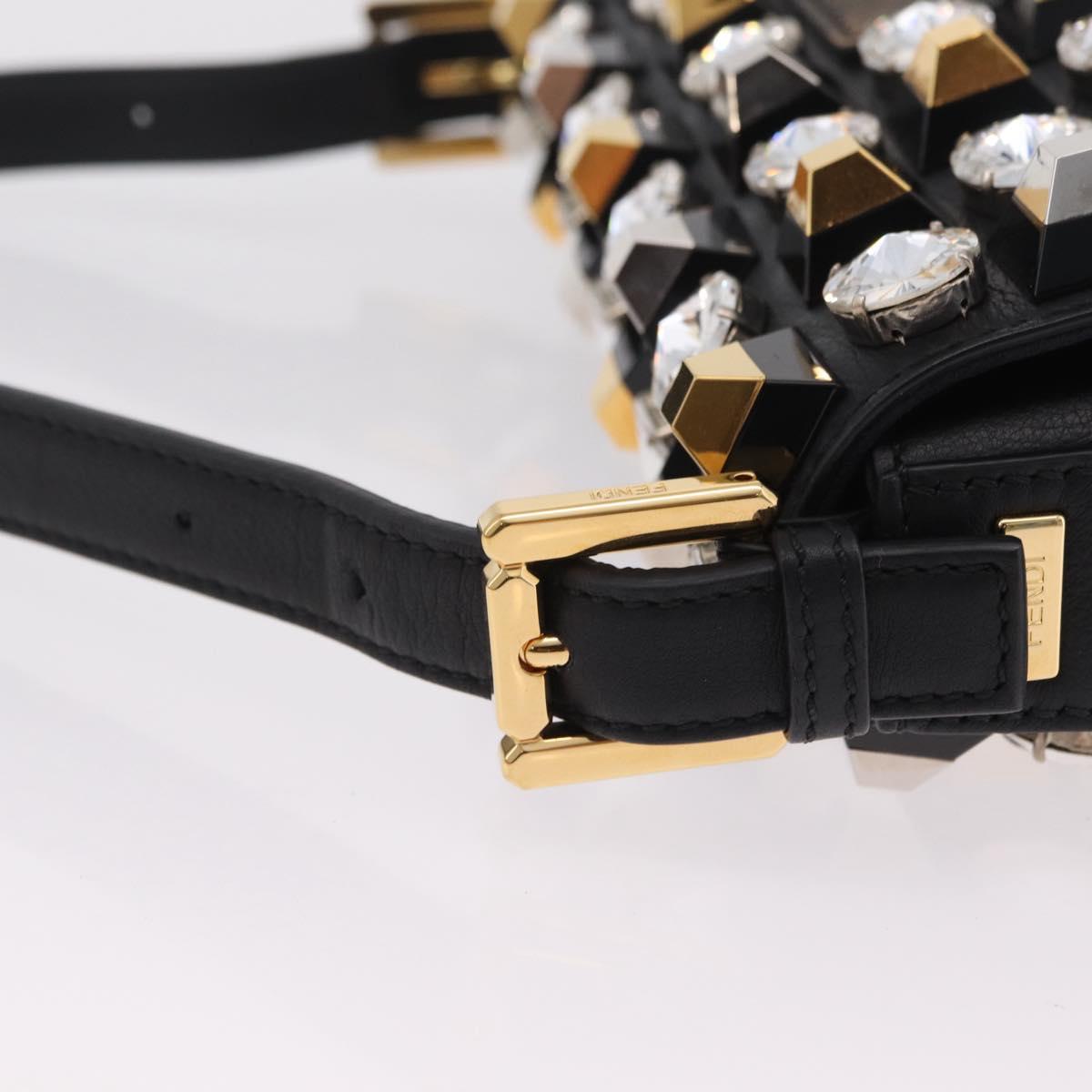 FENDI Mamma Baguette Studs Rhinestones Leather Black Gold 8BR600 Auth yk20953SM
