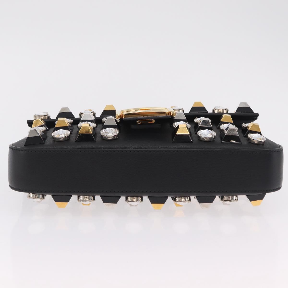 FENDI Mamma Baguette Studs Rhinestones Leather Black Gold 8BR600 Auth yk20953SM