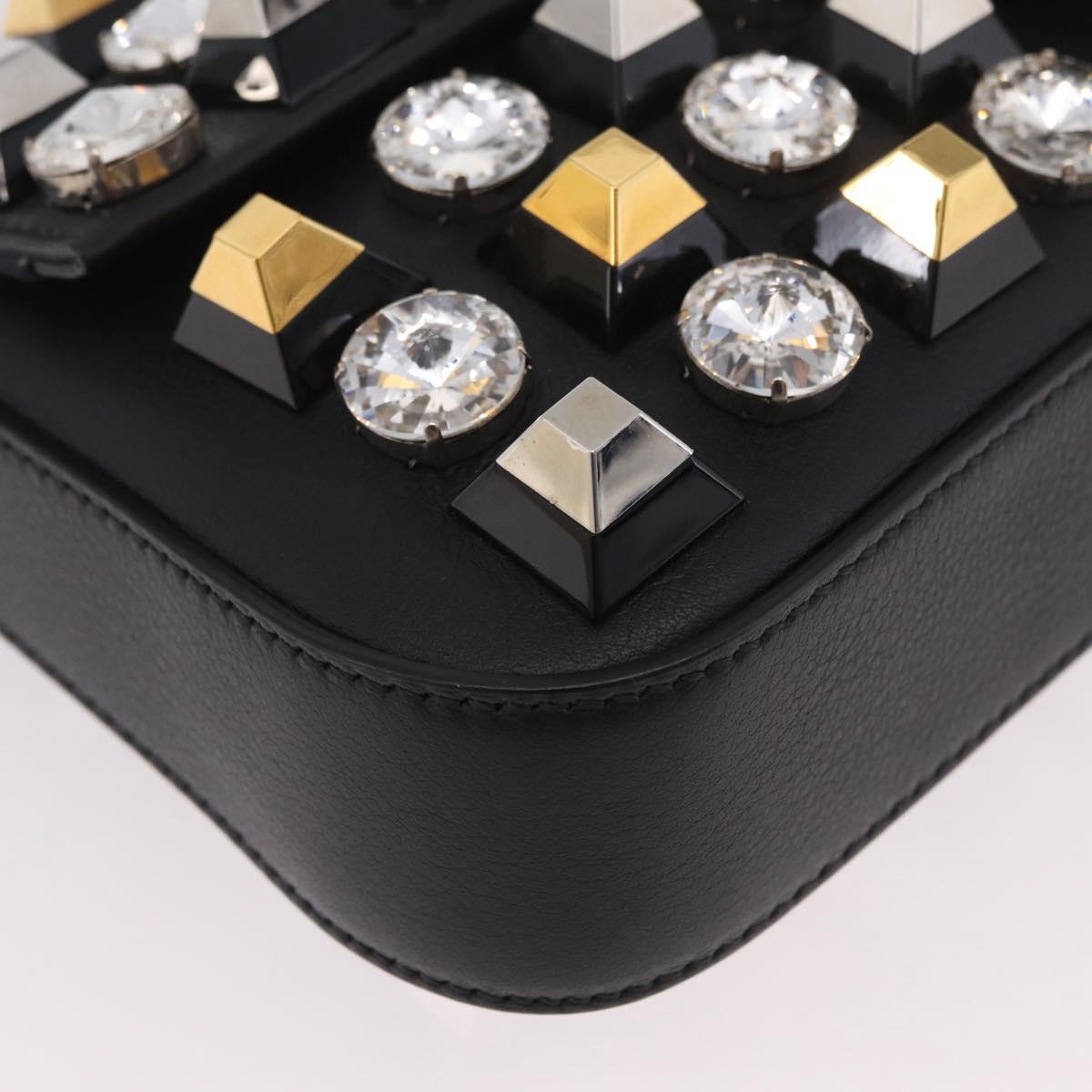 FENDI Mamma Baguette Studs Rhinestones Leather Black Gold 8BR600 Auth yk20953SM