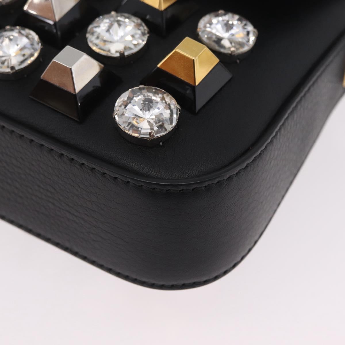 FENDI Mamma Baguette Studs Rhinestones Leather Black Gold 8BR600 Auth yk20953SM