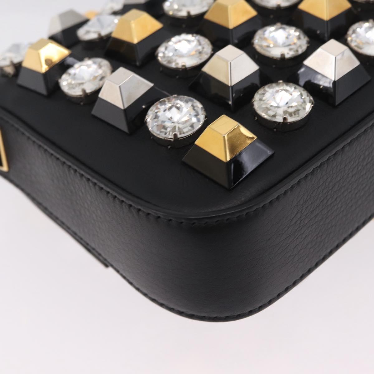 FENDI Mamma Baguette Studs Rhinestones Leather Black Gold 8BR600 Auth yk20953SM