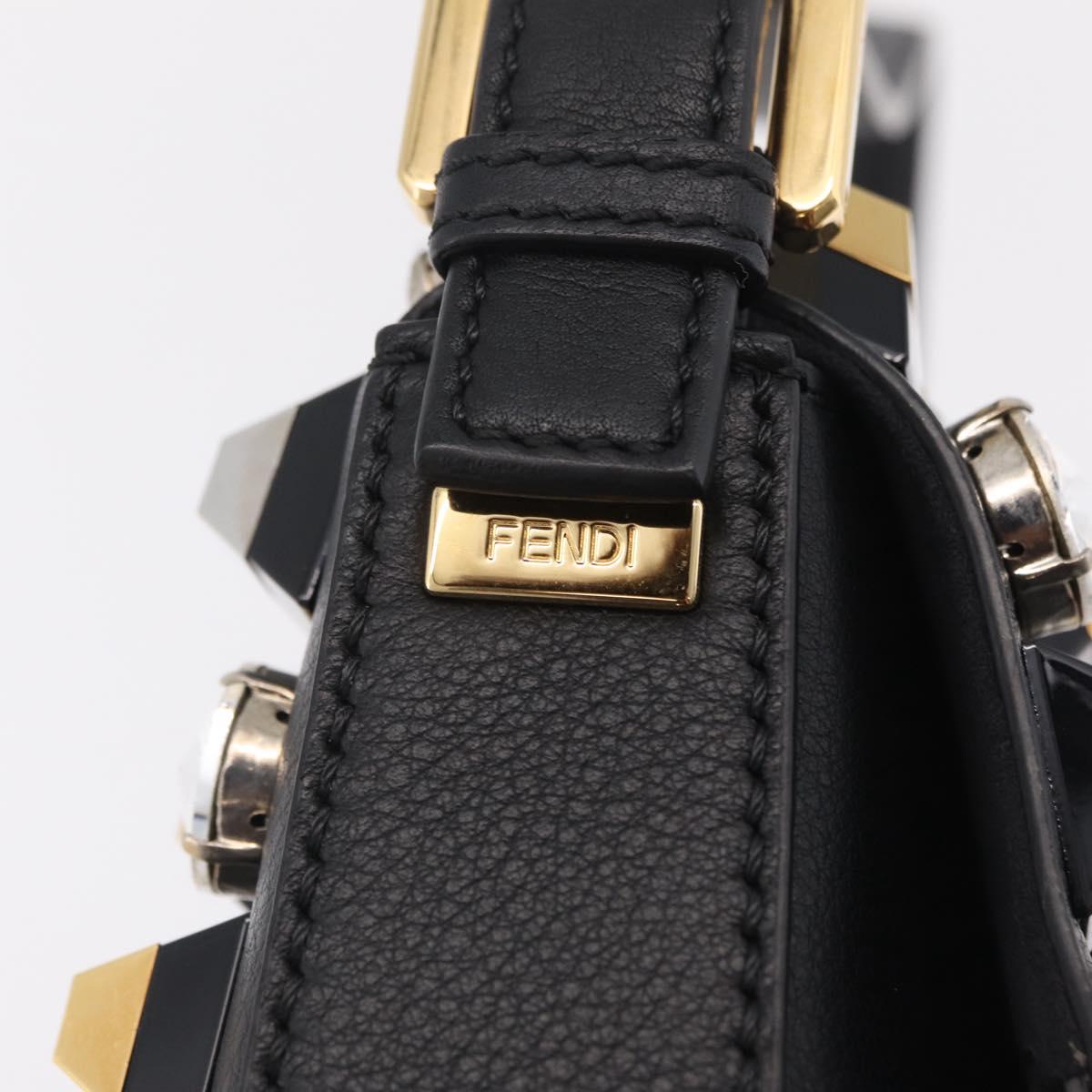 FENDI Mamma Baguette Studs Rhinestones Leather Black Gold 8BR600 Auth yk20953SM