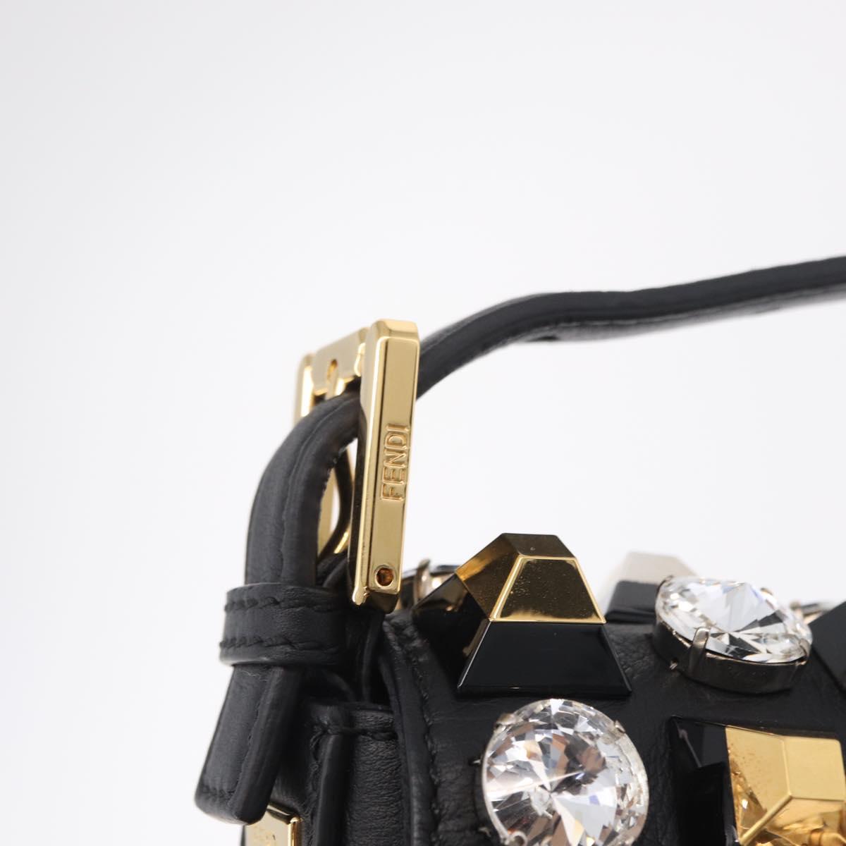 FENDI Mamma Baguette Studs Rhinestones Leather Black Gold 8BR600 Auth yk20953SM