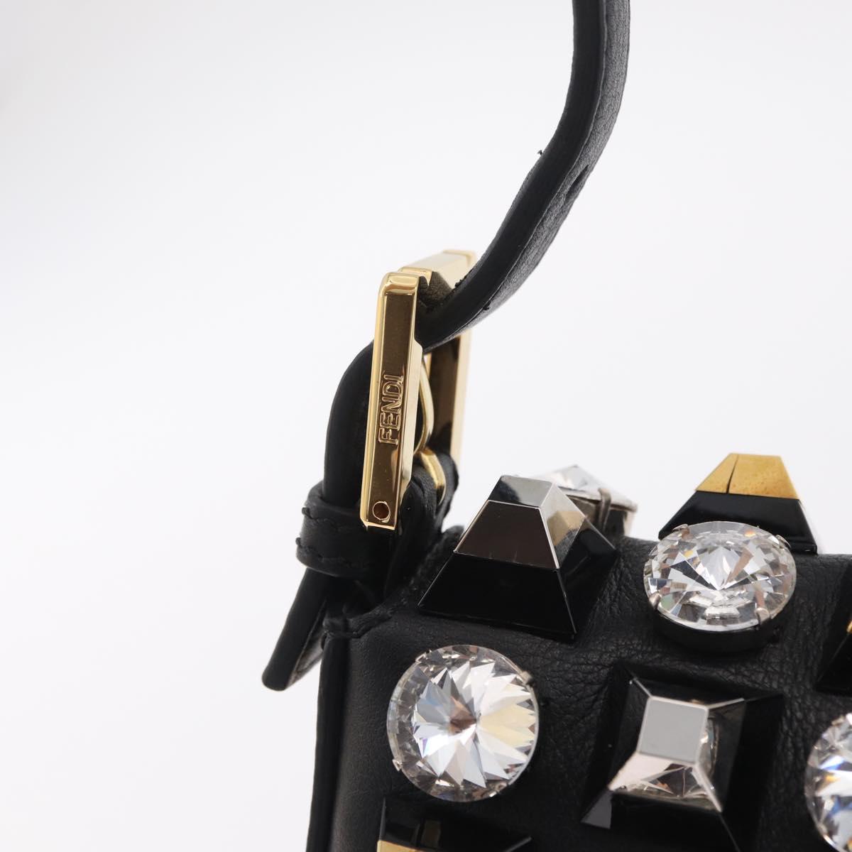 FENDI Mamma Baguette Studs Rhinestones Leather Black Gold 8BR600 Auth yk20953SM