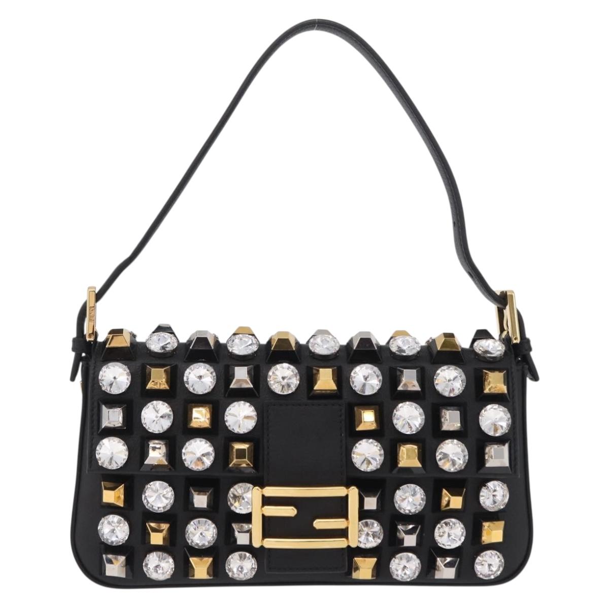 FENDI Mamma Baguette Studs Rhinestones Leather Black Gold 8BR600 Auth yk20953SM
