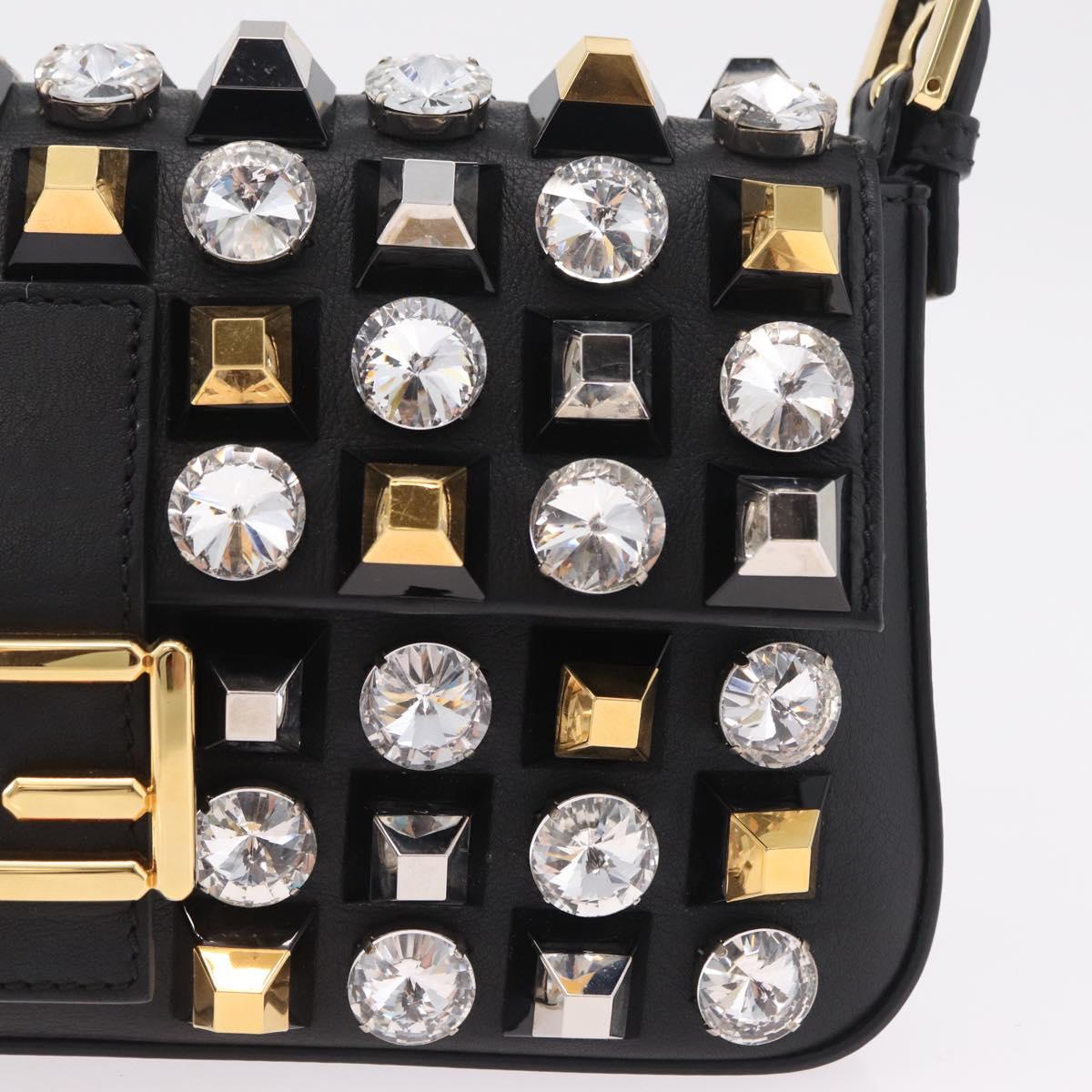 FENDI Mamma Baguette Studs Rhinestones Leather Black Gold 8BR600 Auth yk20953SM