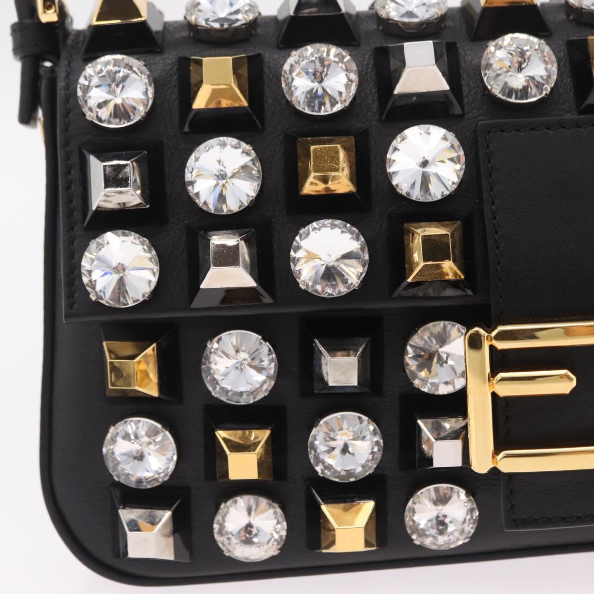 FENDI Mamma Baguette Studs Rhinestones Leather Black Gold 8BR600 Auth yk20953SM
