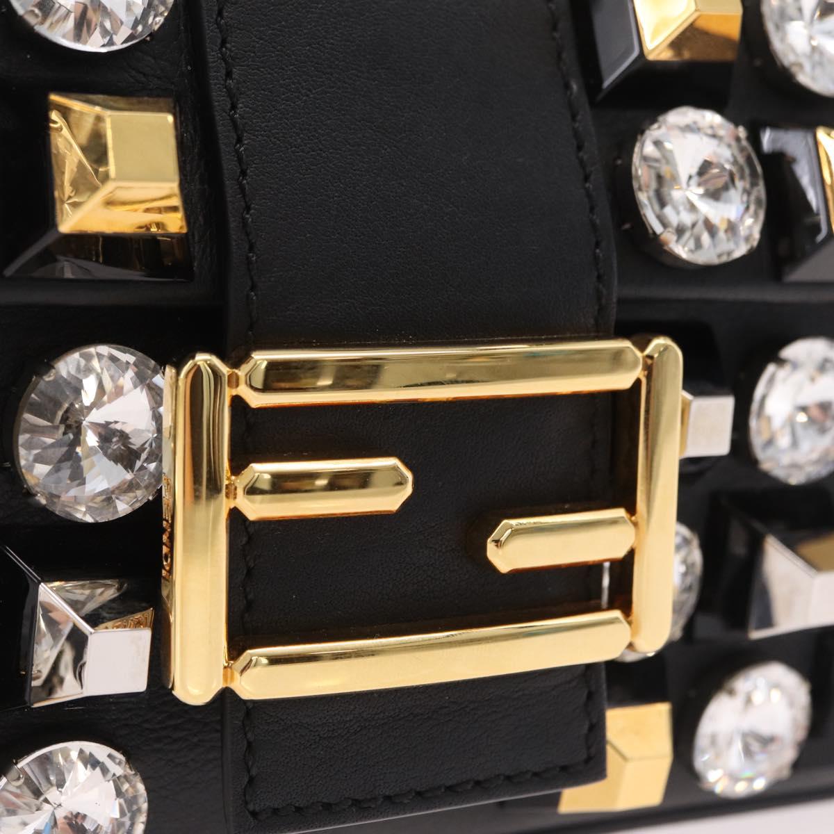 FENDI Mamma Baguette Studs Rhinestones Leather Black Gold 8BR600 Auth yk20953SM