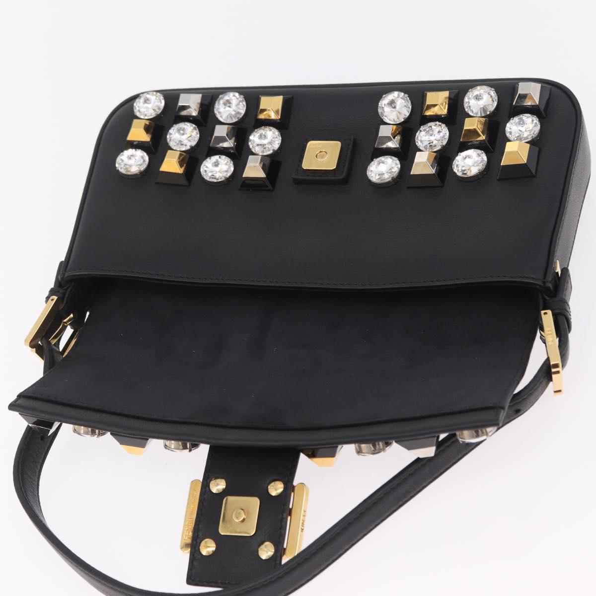 FENDI Mamma Baguette Studs Rhinestones Leather Black Gold 8BR600 Auth yk20953SM