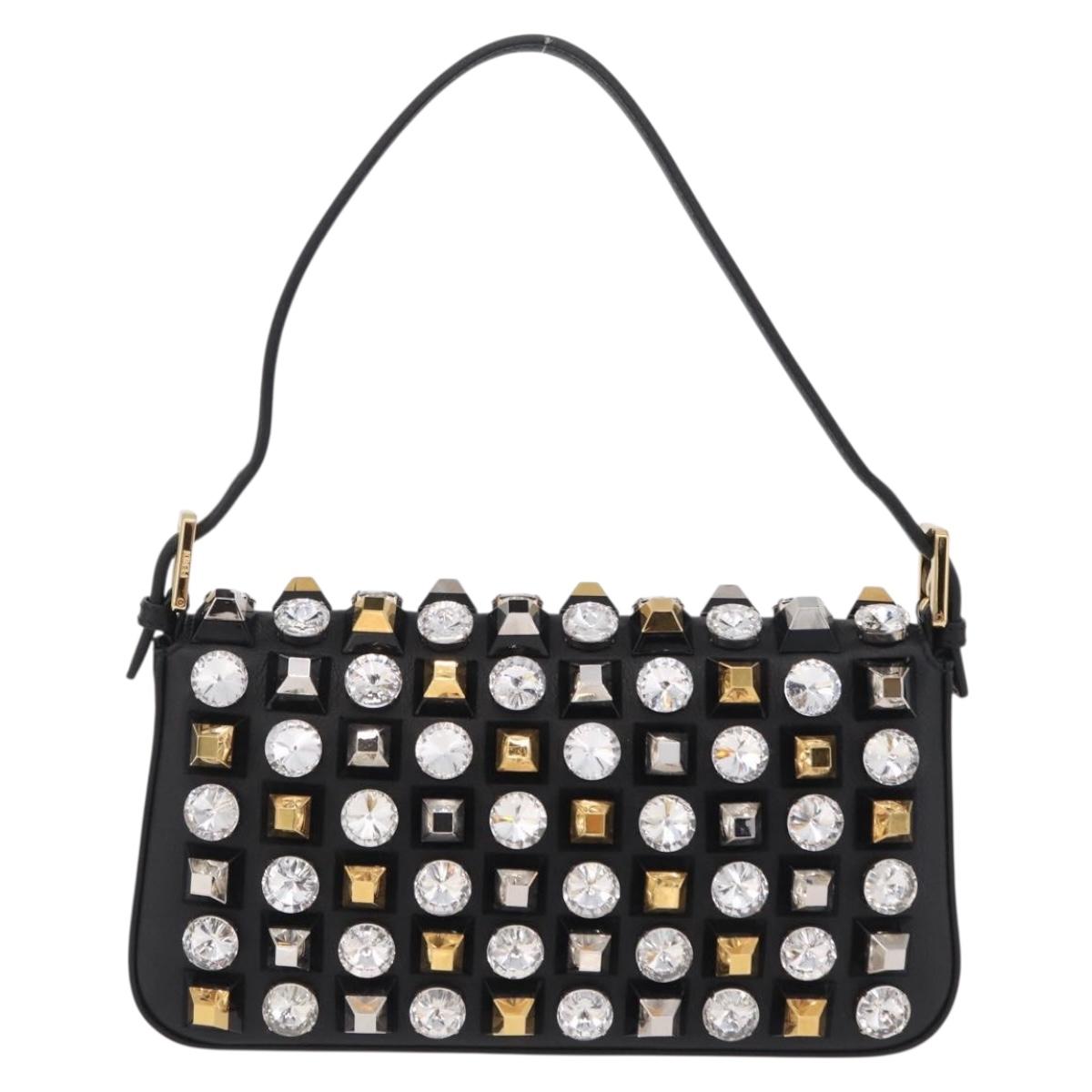 FENDI Mamma Baguette Studs Rhinestones Leather Black Gold 8BR600 Auth yk20953SM