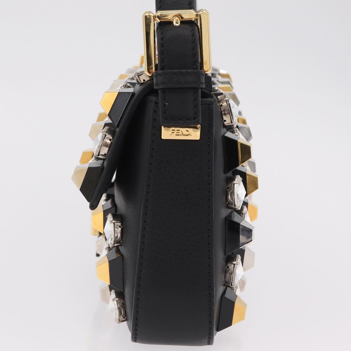 FENDI Mamma Baguette Studs Rhinestones Leather Black Gold 8BR600 Auth yk20953SM